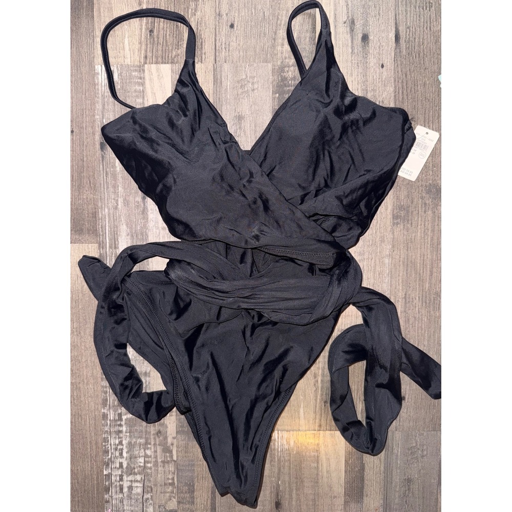 NWT Aerie Real Good Black Wrap One Piece Swimsuit Adjustable Straps Medium